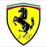 Ferrari emblem: iconic yellow shield with rearing black horse and Italian flag colors.
