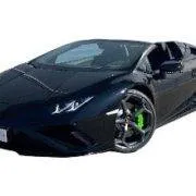 rent lamborghini huracan spyder Glossy black Lamborghini Huracan Spyder convertible with green brake calipers.